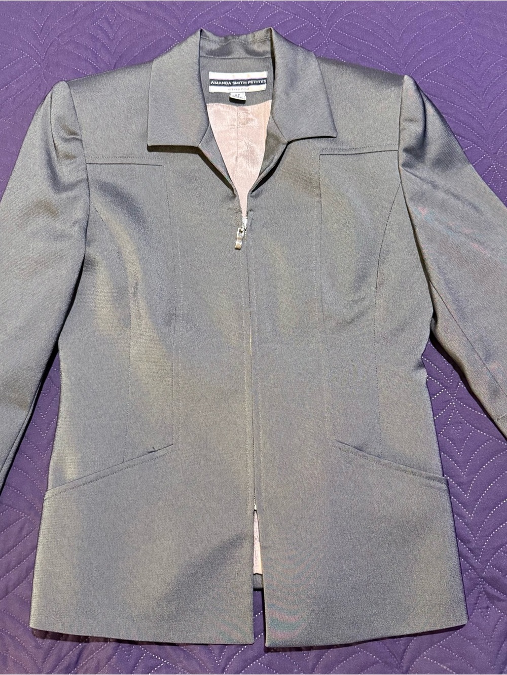 Amanda Smith Silver-Gray Zip Front Blazer Jacket